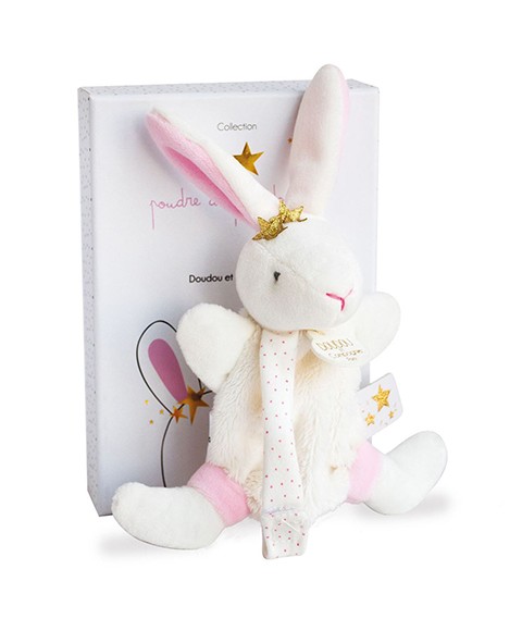 mini doudou lapin avec attache tétine et touches de rose pastel