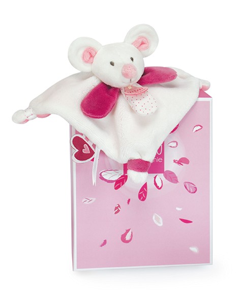 mini doudou souris écru avec touches de roses